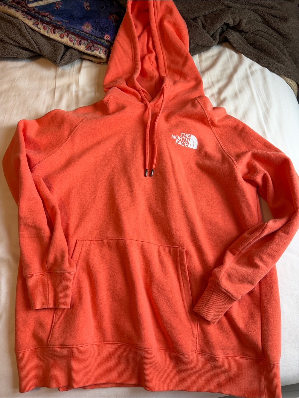 The North Face Bright Coral Hooded Pullover with White Logo
